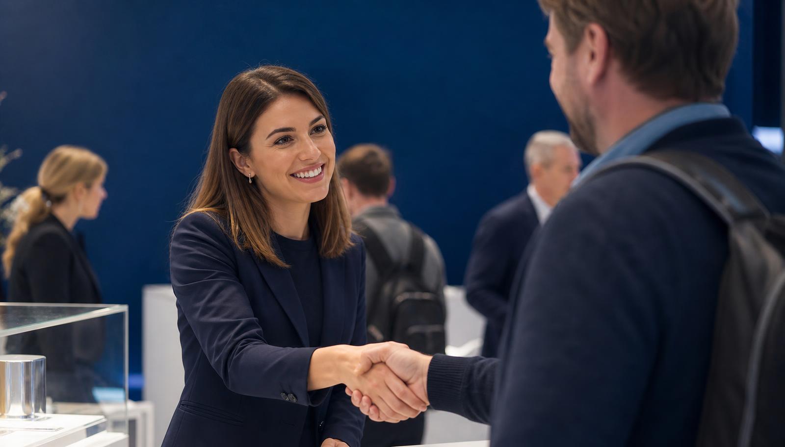 Sales professional greeting a customer at a consumer event stand